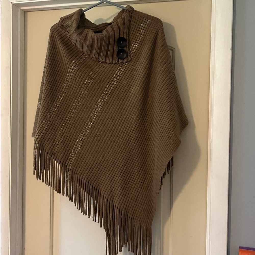 Brown Knit Poncho with Fringe